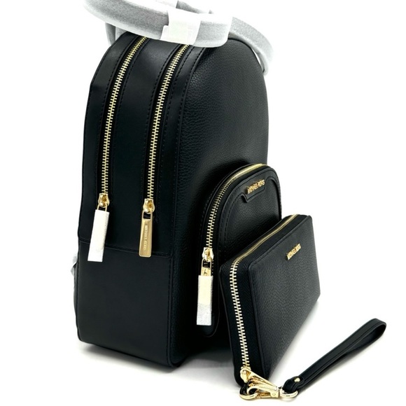 Michael Kors Medium Jaycee Backpack & Large Continental Wallet Black/Gold - Picture 4 of 14